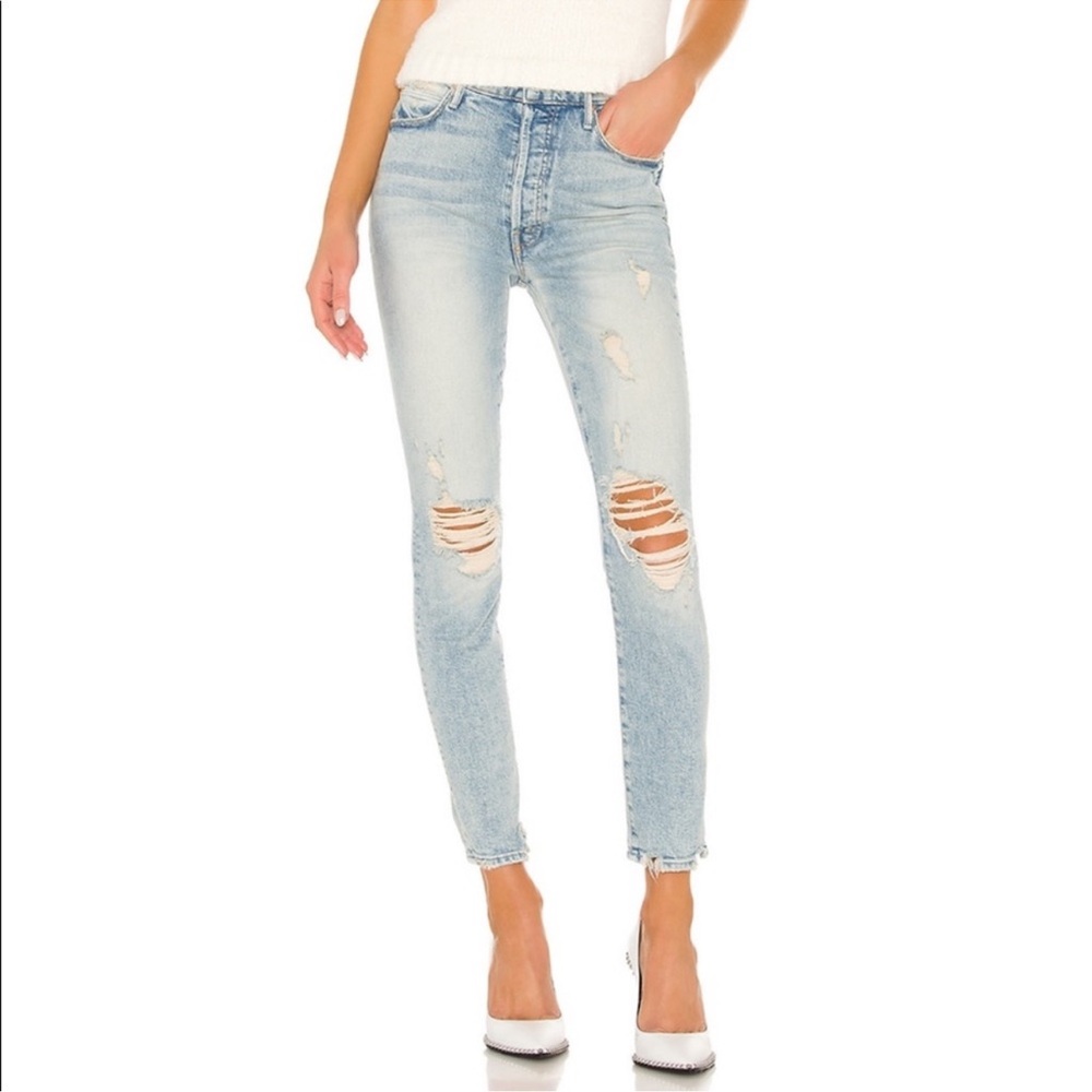MOTHER The Super Stunner Ankle Sky Blue Distressed Slim Jeans